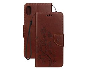 For iPhone XR Case Brown Embossed Butterfly Pattern Folio Leather Case