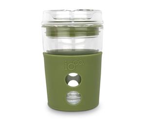 IOco 8oz ALL GLASS Coffee Traveller - Olive Green with Fluro Pink Seal