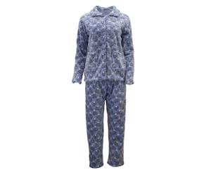 Women's Supersoft Plush Fleece Pyjama Pajama Set Top Pants Winter Sleepwear - Blue w Grey Hearts (Button up)