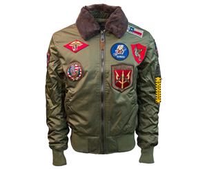 Top Gun Official B 15 Mens Flight Bomber Jacket with Patches Olive - Green