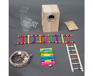 6 in 1 Bird Play Toys Set - Nesting Box Acrylic Feeder Swing Bridge Wooden Block Rope Perch and Ladder