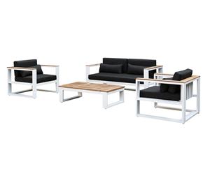 Balmoral 2+1+1 Seater Outdoor Aluminium And Teak Lounge Setting - Outdoor Aluminium Lounges - White Aluminium with Denim