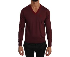 Dolce & Gabbana Bordeaux 100% Silk V-Neck Crown Sweater