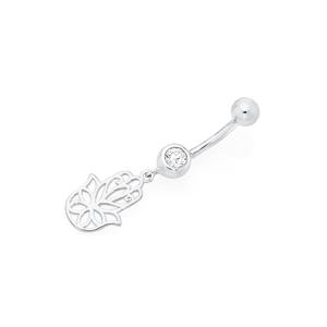 Silver & Steel CZ Filigree Hamsa Belly Bar