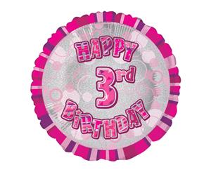 45cm Glitz Pink 3rd Birthday Round Foil Balloon Packaged