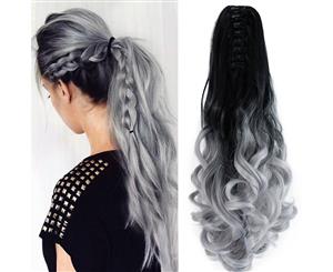 Two Tone Ombre High Grade Silver Gray Curly Clip On Pony Tail 24" Hair Clamp 09