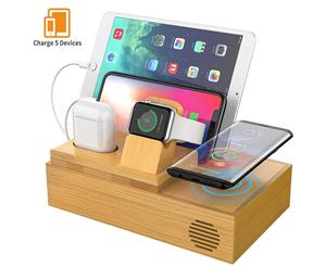 WIWU 5-in-1 Bamboo Charging Dock Station for Multiple Device iWatch/AirPods/Smartphones/Tablets