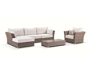 Coco Outdoor Wicker Chaise Lounge With Arm Chair And Coffee Table - Outdoor Wicker Lounges - Brushed Wheat Cream cushions