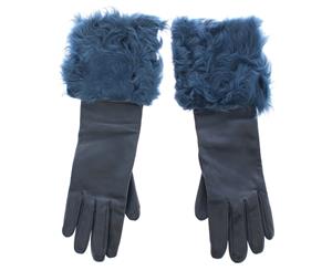 Dolce & Gabbana Blue Lambskin Leather Fur Logo Wrist Gloves