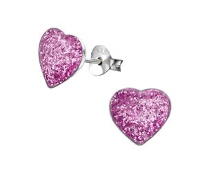 Kids Silver Heart Purple Glitter Colorful Earrings