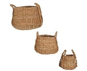 Seagrass Rattan Woven Basket Set of 3 Round Handle Plant Pot Storage Organiser