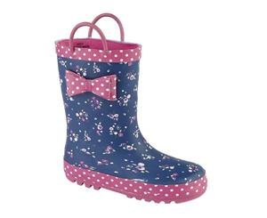 Woodland Childrens Girls Bow Trim Pull On Wellington Boots (Navy/Pink) - DF1699