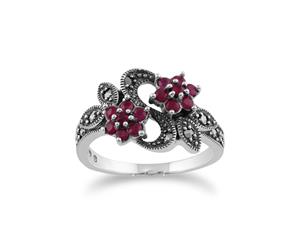 Art Nouveau Style Round Ruby & Marcasite Flower Ring in 925 Sterling Silver