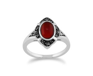 Gemondo 925 Sterling Silver 1.00ct Carnelian & Marcasite Art Deco Ring