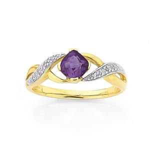 9ct Gold Amethyst & Diamond Cushion Cut Crossover Ring