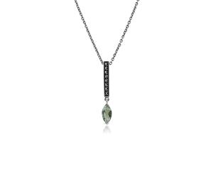 Art Deco Style Marquise Mint Green Quartz & Marcasite Bar Pendant in 925 Sterling Silver