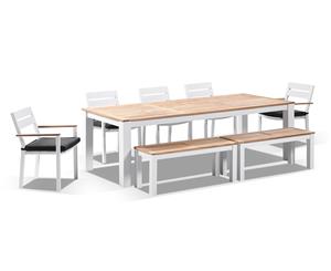 Balmoral 2.5M Teak Top Aluminium Table With 2 Bench Seats And 5 Chairs - Outdoor Teak Dining Settings - White Aluminium with Denim