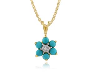 Floral Round Turquoise & Diamond Pendant in 9ct Yellow Gold