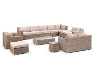 Milano Package G - Large Outdoor Wicker Modular Corner Balcony Lounge Setting - Outdoor Wicker Lounges - Brushed Wheat Sand Cushion