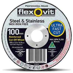 Flexovit 100 x 1.0 x 16.0mm Steel & Stainless Cut Off Disc - MEGA INOX