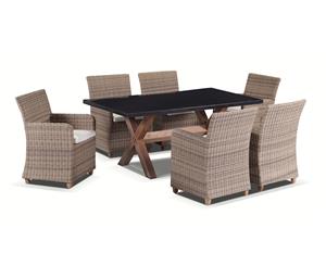 Blue Stone 6 Seater Granite Stone Top And Wicker Chairs Dining Alfresco Set - Outdoor Stone Dining Settings - Brushed Wheat Cream cushions