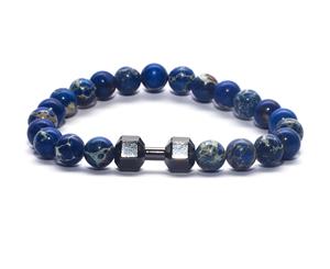 Decked-Up Men's Beads Bracelets - Blue Beads with Black Dumbell Charm