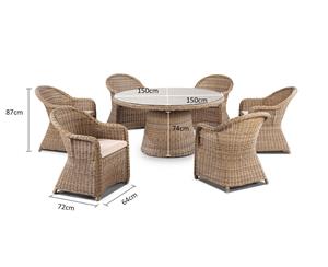 Plantation 6 Seater Outdoor Wicker Round Alfresco Dining Table And Chairs Set - Outdoor Wicker Dining Settings - Full Round Brushed Wheat Cream