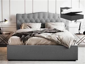 Queen Size Gas Lift Fabric Bed Frame (Gabrielle Collection Grey)