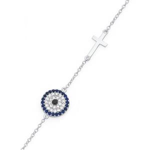 Silver 19cm Blue & White CZ Evil Eye With Cross Bracelet