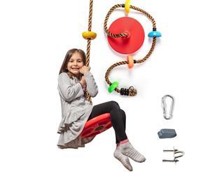 Tree Climbing Rope and Kids Outdoor Swing with Foot Hold Platforms Disc Tree Swing Seat and Hanging Kit - Red