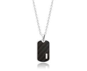 Forte Stainless Steel Carbon Fibre & Cubic Zirconia Tag Pendant With 55cm Chain