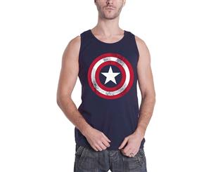 Official Mens Captain America Vest Top Distressed Shield Logo Navy Size Small - Blue