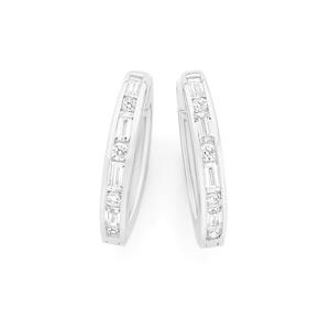 Silver Baguette & Round CZ Huggie Earrings