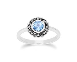 Floral Round Blue Topaz & Marcasite Halo Ring in 925 Sterling Silver