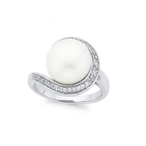 Silver Large Cultured Freshwater Pearl & Cubic Zirconia Swirl Ring