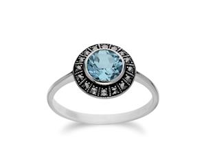 Art Deco Style Round Blue Topaz & Marcasite Halo Ring in 925 Sterling Silver