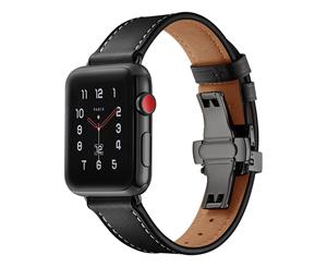 WIWU New Genuine Leather Watch Band Black Metal Butterfly Buckle For Apple Watch 5/4/3/2/1-Black