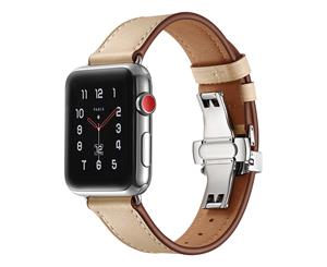 WIWU New Genuine Leather Watch Band Silver Metal Butterfly Buckle For Apple Watch 5/4/3/2/1-Apricot