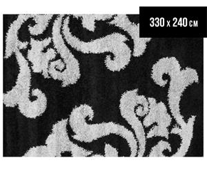 Damask Leaf Design 330x240cm Rug - Black/Grey