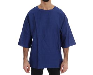 Dolce & Gabbana Blue Linen Cotton Oversize Crewneck T-Shirt