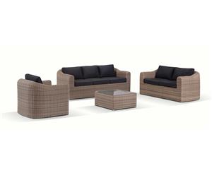 Subiaco 3+2+1 Seater Outdoor Wicker Lounge Setting With Coffee Table - Outdoor Wicker Lounges - Brushed Wheat Denim Cushion