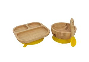 Tiny Dining Children's Bamboo Tableware Feeding Set - Plate Bowl Spoon with Stay Put Suction - Yellow