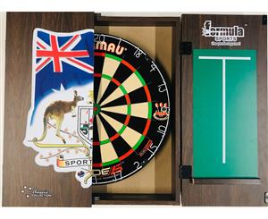 Winmau DUAL CORE Blade 5 FIVE Dart Board & FORMULA SPORTS BAR COAT OF ARMS Cabinet + 6 x Darts