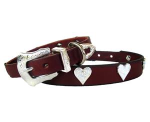 Dog Collar Leather Designer Handcrafted With Silver Hearts+Buckle Brown 40.5Cm - Brown