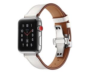 WIWU New Genuine Leather Watch Band Silver Metal Butterfly Buckle For Apple Watch 5/4/3/2/1-White