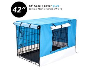 Wire Dog Cage Foldable Crate Kennel 42" with Tray + BLUE Cover Combo