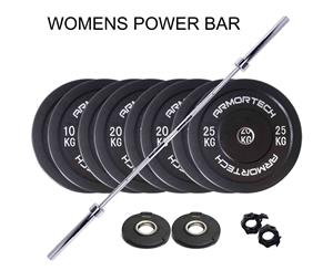 170kg Armortech V2 Black Bumper & Womens Power Barbell Set