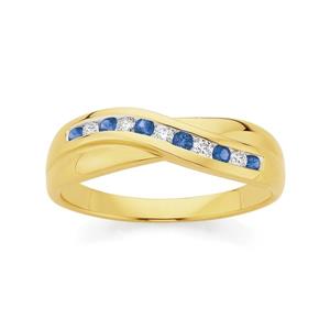 9ct Gold Ceylon Sapphire & Diamond Crossover Ring