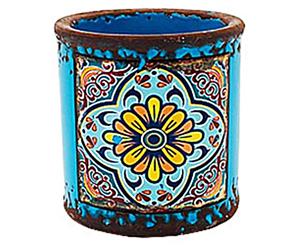 Blue Turkish/Urban Inspired Ceramic Flower Pot 7.3x7.5cmH Round Cylinder Look - Blue