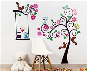 Kids' 135x100cm Wall Decal - Scroll Tree Owls Squirrels & Swing